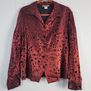 Vintage Floral Velvet Long Sleeve Button-Down Shirt size XL red black whimsigoth